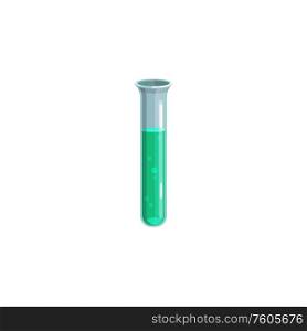 Laboratory tube with chemicals isolated glassware. Vector test flask with green fluid. Test tube with green fluid, clinical glassware