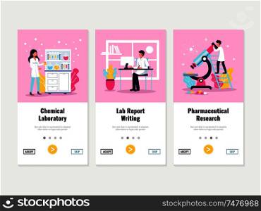 Laboratory vertical banners set with clickable option buttons and swipe screens with doodle images and characters vector illustration