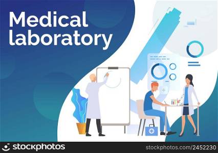 Laboratory workers drawing graphs and working with tubes vector illustration. Analysis, research, experiment. Medical laboratory concept. Creative design for presentations, templates, banners