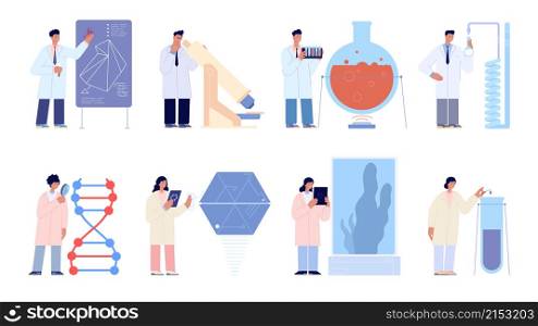 Laboratory workers. Engineer researcher, scientist work with lab equipment. Biologist researching, science technology students vector set. Illustration research experiment with equipment in laboratory. Laboratory workers. Engineer researcher, scientist work with lab equipment. Biologist researching, science technology students utter vector set