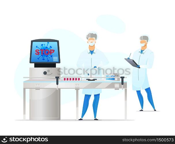 Laboratory workers flat color vector faceless characters. Coronavirus blood testing. Biologists in lab. Medical analysis isolated cartoon illustration for web graphic design and animation. Laboratory workers flat color vector faceless characters