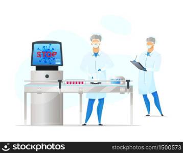 Laboratory workers flat color vector faceless characters. Coronavirus blood testing. Biologists in lab. Medical analysis isolated cartoon illustration for web graphic design and animation. Laboratory workers flat color vector faceless characters