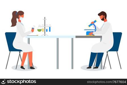 Laboratory workers making experiments. Scientist man with mircoscope. Woman researcher exploring flasks with liquid samples. Man, woman sitting at table make laboratory researches. Set of characters. Two laboratory assistants isolated at white background with microscope and tubes with sample