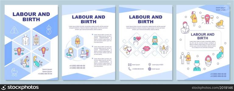 Labour and birth brochure template. Cervix dilation. Flyer, booklet, leaflet print, cover design with linear icons. Vector layouts for presentation, annual reports, advertisement pages. Labour and birth brochure template