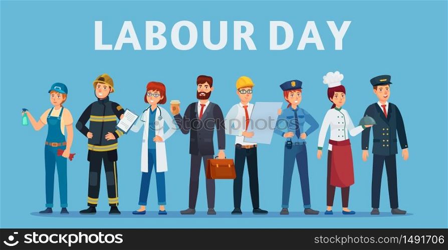 Labour day. Professional workers group, happy professionals of different jobs standing together and Labor Day poster or greeting card vector illustration. Labor day, people standing man and woman. Labour day. Professional workers group, happy professionals of different jobs standing together and Labor Day poster or greeting card vector illustration