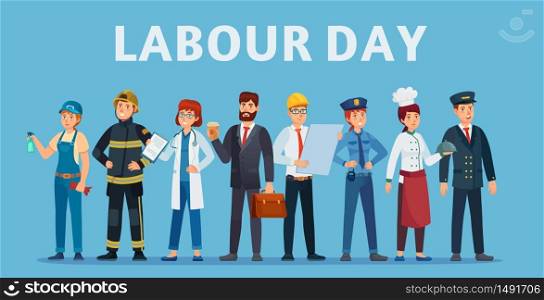 Labour day. Professional workers group, happy professionals of different jobs standing together and Labor Day poster or greeting card vector illustration. Labor day, people standing man and woman. Labour day. Professional workers group, happy professionals of different jobs standing together and Labor Day poster or greeting card vector illustration