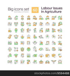 Labour issues in agriculture RGB color icons set. Farm industry. Agricultural field. Manual labor. Isolated vector illustrations. Simple filled line drawings collection. Editable stroke. Labour issues in agriculture RGB color icons set