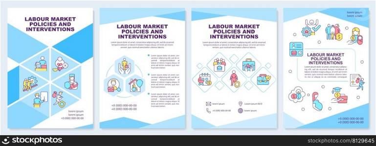 Labour market policies and interventions brochure template. Leaflet design with linear icons. 4 vector layouts for presentation, annual reports. Arial-Black, Myriad Pro-Regular fonts used. Labour market policies and interventions brochure template