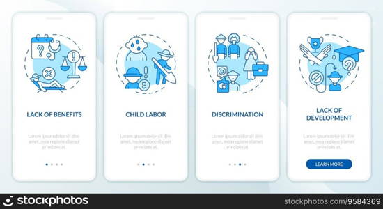 Labour problems in agriculture blue onboarding mobile app screen. Farm work walkthrough 4 steps editable graphic instructions with linear concepts. GUI template. Myriad Pro-Bold, Regular fonts used. Labour problems in agriculture blue onboarding mobile app screen