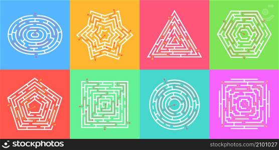Labyrinth game, finding way puzzle mazes, round maze. Simple labyrinths in various shapes, logic find path games for children vector set. Making choice to find exit, exercising brain. Labyrinth game, finding way puzzle mazes, round maze. Simple labyrinths in various shapes, logic find path games for children vector set