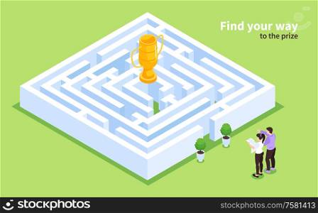 Labyrinth game isometric composition with finding way to prize in square maze center electronic entertainment vector illustration