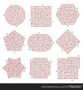 Labyrinth game way rebus set with isolated maze images on blank background with solution paths marks vector illustration