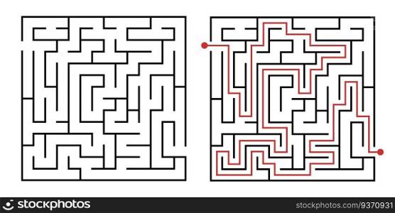 Labyrinth game way. Square maze, simple logic game with labyrinths way. How to find out quiz, finding exit path rebus or logic labyrinth challenge isolated vector illustration. Labyrinth game way. Square maze, simple logic game with labyrinths way vector illustration