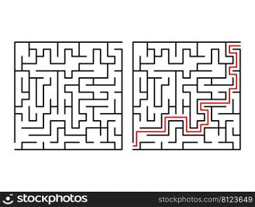 Labyrinth logic game way set. Maze challenge with red line route hint. Find right way. Square jigsaw for children books and magazines. Vector isolated on white background. 