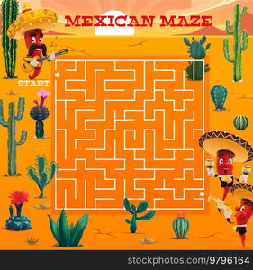 Labyrinth maze and mexican mariachi musician peppers in desert. Children logical riddle, kids educational quiz or child puzzle game with search way task, mexican cactus plant and funny peppers. Labyrinth maze and mexican mariachi peppers