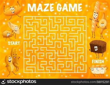 Labyrinth maze. Cartoon bakery, pastry and bread characters. Search path child quiz, labyrinth vector worksheet with tortilla, cunape, barbari and marraqueta, baguette, shokupan bread cute personages. Labyrinth maze with bakery and pastry characters