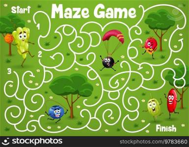 Labyrinth maze. Cartoon berry characters on summer vacation. Kids educational game with grape, blueberry and gooseberry, rosehup and currant. Playing activity riddle or quiz vector worksheet,. Labyrinth maze with cartoon berry characters