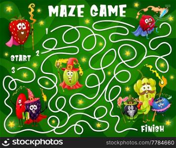 Labyrinth maze. Cartoon berry wizard, mage and fairy characters. Children quiz, game or kids puzzle or riddle vector worksheet with funny strawberry, gooseberry and cowberry sorcerers personages. Labyrinth maze with cartoon berry wizard character