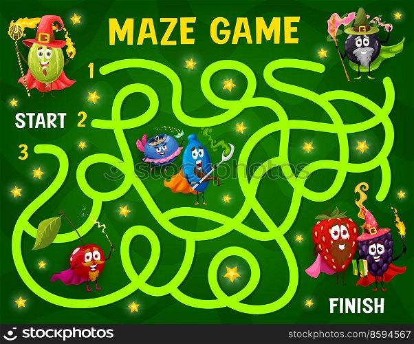 Labyrinth maze, cartoon berry wizard, mage and fairy characters, vector worksheet. Kids escape game or labyrinth maze puzzle to search and find way for strawberry and cherry sorcerer with magic wand. Labyrinth maze, cartoon berry wizards, fairy mage