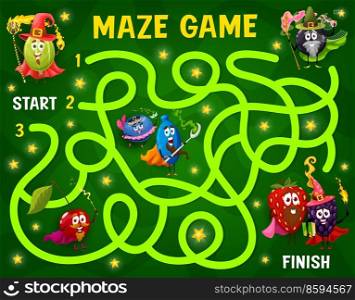 Labyrinth maze, cartoon berry wizard, mage and fairy characters, vector worksheet. Kids escape game or labyrinth maze puzzle to search and find way for strawberry and cherry sorcerer with magic wand. Labyrinth maze, cartoon berry wizards, fairy mage