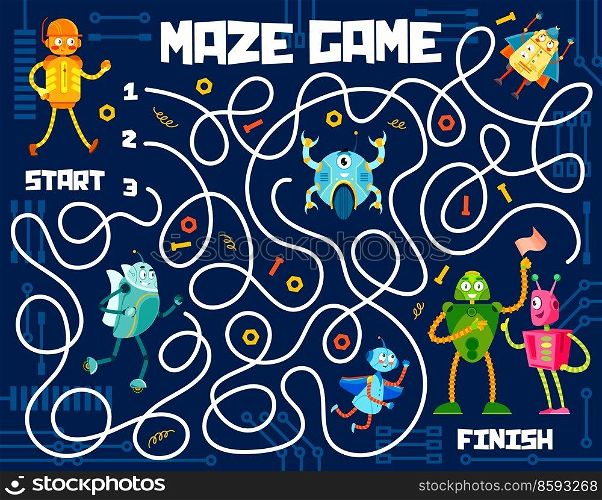 Labyrinth maze, cartoon funny robots on kids game puzzle, vector worksheet. Kids escape puzzle or labyrinth maze riddle to search and find way out for robot toys and robotic cyborg droid. Labyrinth maze, cartoon funny robots, kids game