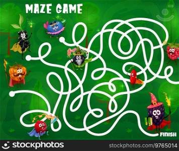 Labyrinth maze. Cartoon funny wizard and magician berries characters on child riddle, quiz vector worksheet or game with search way activity. Labyrinth puzzle with berries sorcerers, fairy personages. Labyrinth maze with funny cartoon berries wizards