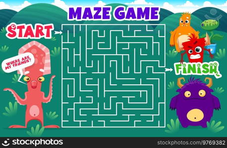 Labyrinth maze. Cartoon monster characters. Search path playing activity page or kids labyrinth game vector worksheet with squid, fluffy beast and evil devil, cute yeti, angry plant monster personages. Labyrinth maze with cartoon monster characters