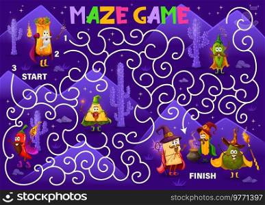Labyrinth maze, cartoon Tex Mex Mexican food wizards characters, vector kids game. Help burrito wizard and jalapeno pepper mage to find way to avocado sorcerer with magic wand, game worksheet. Labyrinth maze game, cartoon Mexican food wizards