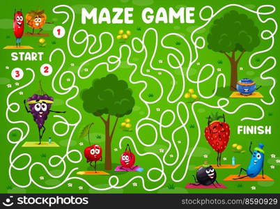 Labyrinth maze game, cartoon berry characters on yoga fitness, vector worksheet puzzle. Kids escape riddle or labyrinth maze to search and find for funny strawberry, cherry and raspberry with grape. Labyrinth maze game, cartoon berries, yoga fitness