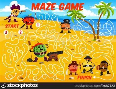 Labyrinth maze game. Cartoon fruit pirates and corsairs characters with treasure chest. Vector boardgame with funny mango, apple, watermelon, quince, orange, kiwi and peach with loot on tangled path. Labyrinth maze game cartoon fruit pirates corsairs