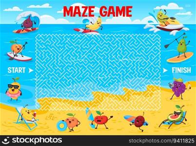 Labyrinth maze game. Cartoon funny fruits on summer beach vacation. Kids find way puzzle vector worksheet with fig, peach, banana, guava and grape, mango cute character surfing and sunbathing on beach. Labyrinth maze with funny fruits on summer beach