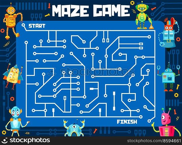 Labyrinth maze game, cartoon funny robots and droids, vector puzzle worksheet. Kids escape puzzle or labyrinth maze riddle on computer motherboard to search and find way out for robot toys. Labyrinth maze game, cartoon funny robots bots