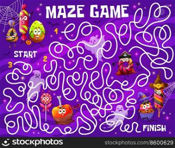 Labyrinth maze game, cartoon Halloween candy characters. Vector puzzle, find way riddle or start to finish board game with path and cute trick or treat sweets. Children education activity worksheet. Labyrinth maze game of Halloween candy characters