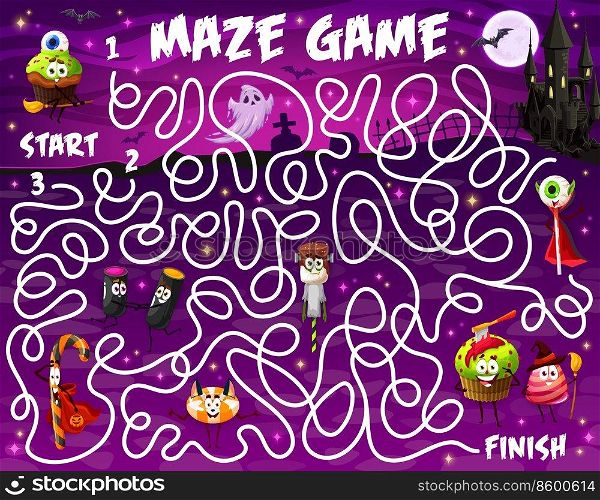 Labyrinth maze game. Cartoon Halloween candy characters vector puzzle with find right way task and start to finish path. Kids education riddle quiz with zombie lollipops, witch and ghost cake. Labyrinth maze game, cartoon Halloween candies
