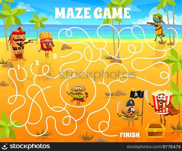 Labyrinth maze game cartoon pirates and captain fastfood characters on treasure island. Kids vector quiz worksheet. Funny urger, hot dog, french fries, pop corn and burrito finding a treasure chest. Labyrinth maze game cartoon pirates fast food