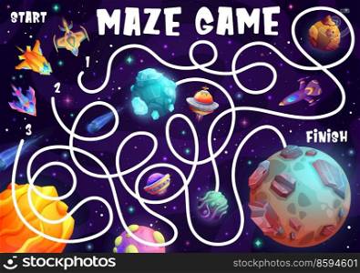 Labyrinth maze game cartoon space galaxy planets, spacecrafts and starship shuttles. Kids vector board game with path, start, finish and rockets, educational children riddle, preschool activity task. Labyrinth maze game cartoon space galaxy planets