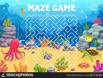 Labyrinth maze game, cartoon underwater landscape and animals. Kids vector worksheet with path and cartoon funny characters octopus, turtle, puffer fish, crab, sea horse and corals on ocean bottom. Labyrinth maze game, cartoon underwater landscape