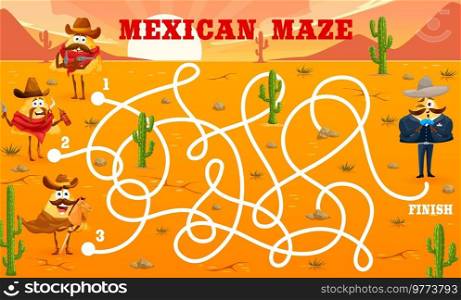 Labyrinth maze game. Cowboys, bandit and sheriff mexican nachos characters. Find way puzzle vector worksheet on cartoon background of Mexico dessert with funny tortilla chips, cowboy hats and guns. Labyrinth maze game with cowboys mexican nachos