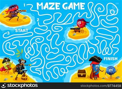 Labyrinth maze game. Help to berry pirates and corsairs find a treasure island. Labyrinth quiz vector worksheet with blueberry, honeyberry and blackberry, gooseberry and cowberry cartoon characters. Labyrinth maze game, help to cartoon berry pirates