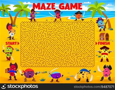Labyrinth maze game, help to cartoon vitamin and micronutrient pirate characters save the treasure chest. Kids riddle vector worksheet with N, B3, C, E and D, H vitamin pirate dragee cute personages. Labyrinth maze game with cartoon vitamin pirates