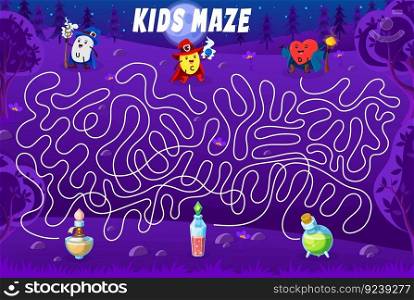 Labyrinth maze game. Help to cartoon vitamin and micronutrient wizards find a magic potion. Kids vector boardgame with S-methylmethionine, Ascorbic acid and Calciferol mages on tangled path in forest. Labyrinth maze game. Help to cartoon vitamins