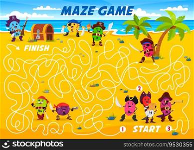 Labyrinth maze game. Help to cartoon vitamin pirates and corsairs find a treasure chest. Find way quiz, labyrinth game vector worksheet with B2, E, K and P, H, N vitamin pirate cheerful personages. Labyrinth maze game with vitamin pirates character
