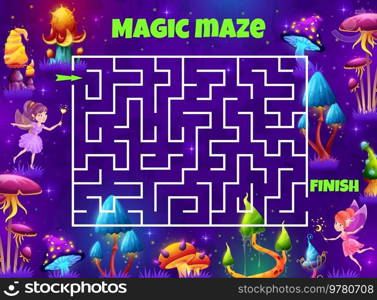 Labyrinth maze game. Magic mushrooms in fairy forest. Preschool kids maze game, children labyrinth quiz vector worksheet or searching path riddle with pixie or fairy, luminous fantasy mushrooms. Labyrinth maze game with magic mushrooms in forest