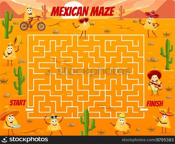 Labyrinth maze game. Mexican nacho chips characters. Kids puzzle vector worksheet, pathfinding riddle or find way quiz with cartoon nachos, sombrero hats, guitar and maracas on desert background. Labyrinth maze game with Mexican nacho characters