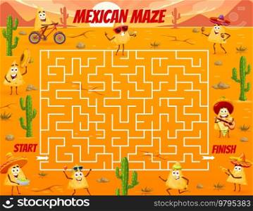 Labyrinth maze game. Mexican nacho chips characters. Kids puzzle vector worksheet, pathfinding riddle or find way quiz with cartoon nachos, sombrero hats, guitar and maracas on desert background. Labyrinth maze game with Mexican nacho characters