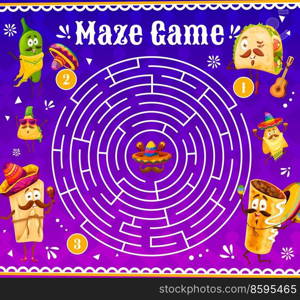 Labyrinth maze game with mexican jalapeno and tamales, nachos and tacos, enchiladas characters. Children labyrinth game vector worksheet with funny meals. Child playing activity with search way task. Labyrinth maze game with mexican food characters