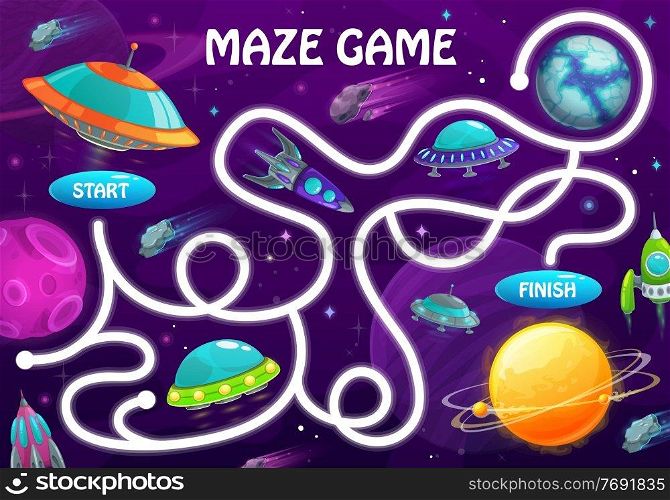 Labyrinth maze game with space planets and shuttles. Kids vector board game with rockets and alien ufo saucers in galaxy. Boardgame with tangled path, start and finish, cartoon educational child test. Labyrinth maze game space planets and shuttles