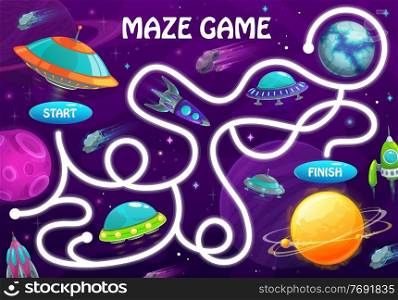 Labyrinth maze game with space planets and shuttles. Kids vector board game with rockets and alien ufo saucers in galaxy. Boardgame with tangled path, start and finish, cartoon educational child test. Labyrinth maze game space planets and shuttles