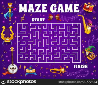Labyrinth maze game. Wizard musical instrument characters, sound waves and notes. Kids maze quiz, labyrinth playing activity vector worksheet with flute, banjo, drum and lyre, trumpet, horn, saxophone. Labyrinth maze with wizard musical instruments