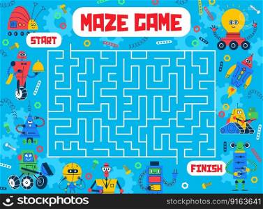 Labyrinth maze, help cartoon robots and droids to find exit, kids game worksheet. Vector puzzle quiz with rectangular labyrinth and funny characters of robot toys, space machines and humanoid cyborgs. Labyrinth maze, help robots and droids find exit